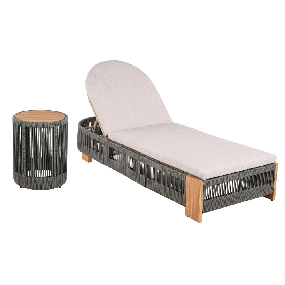 Outdoor Adjustable Chaise Lounge Set w/ Beige Cushion & Side Table, Patio