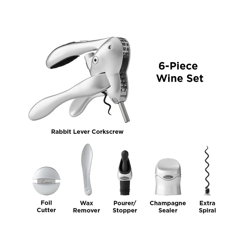 Rabbit Wine Tool Kit (Silver), 6 Piece Set Silver Fast Ship