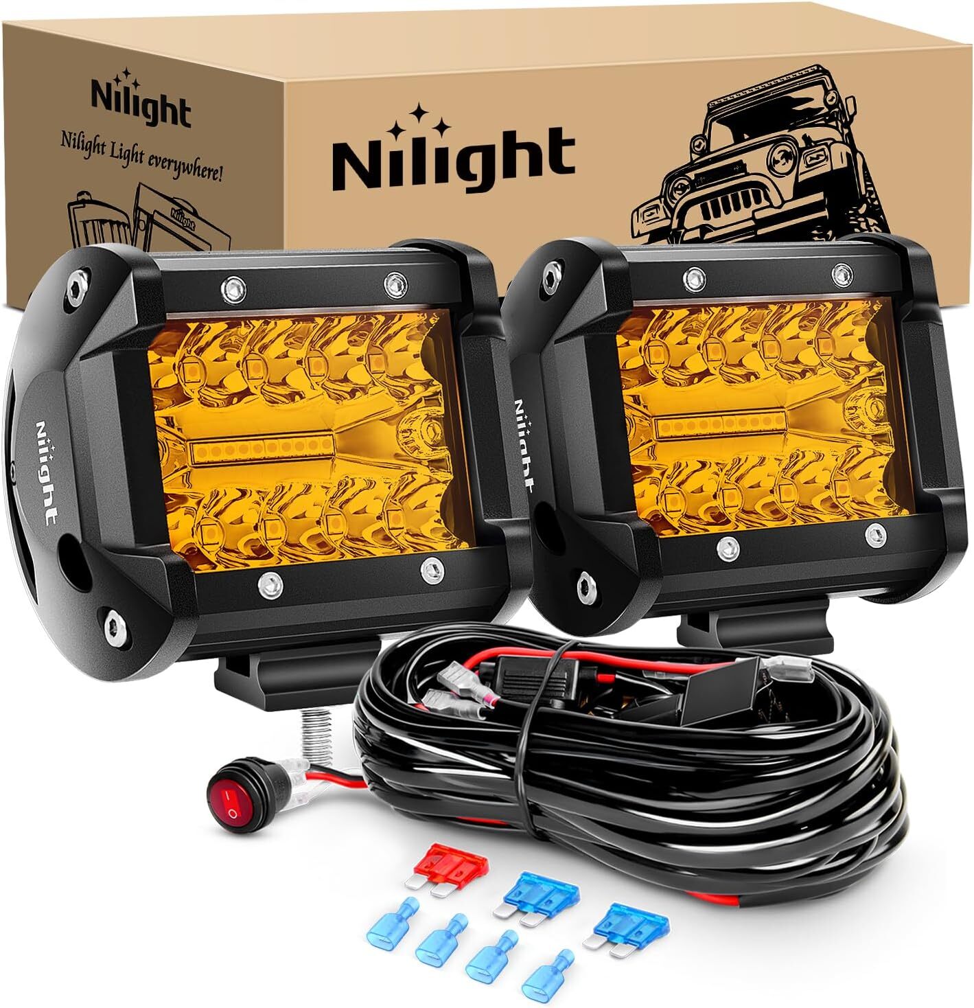 Nilight 2PC 4Inch Amber Led Pods Triple Row 60W Flood Spot Combo Fog Lights