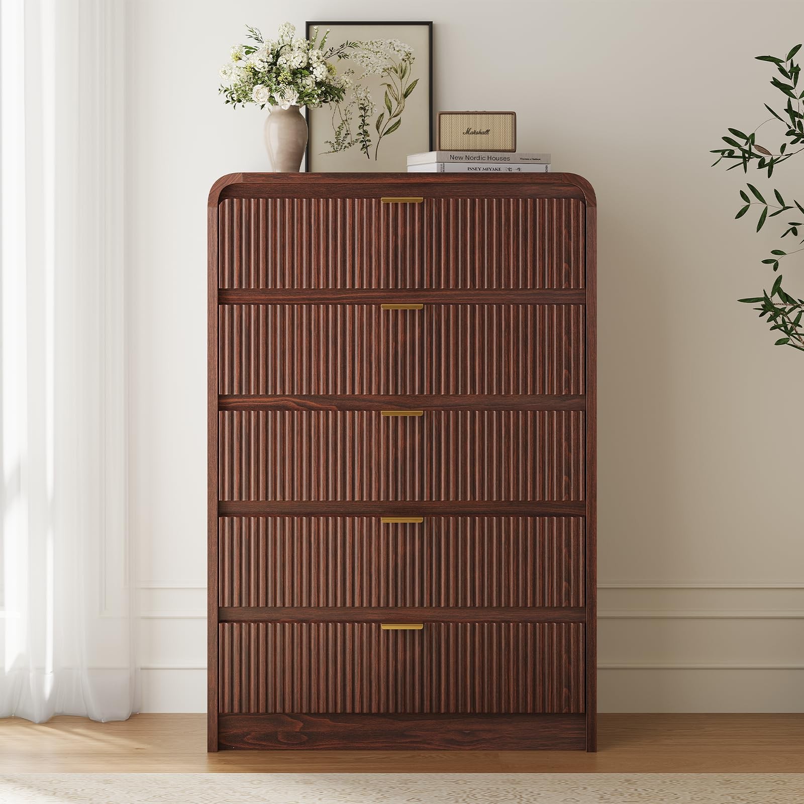 Fluted 5 Drawers Dresser for Bedroom, 48" Tall Wooden Modern Dresser,Dark Walnut