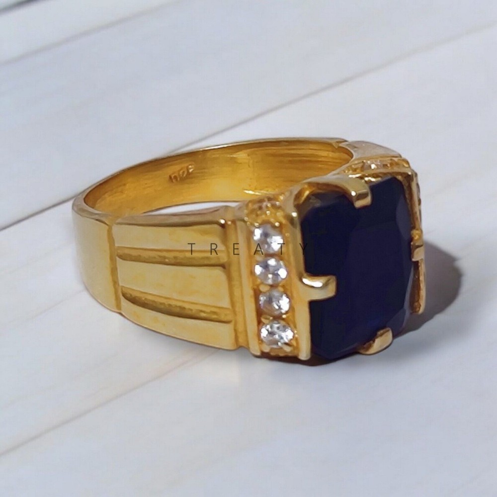 Blue Sapphire Square With 14K Solid Yellow Gold Ring For Men's #845
