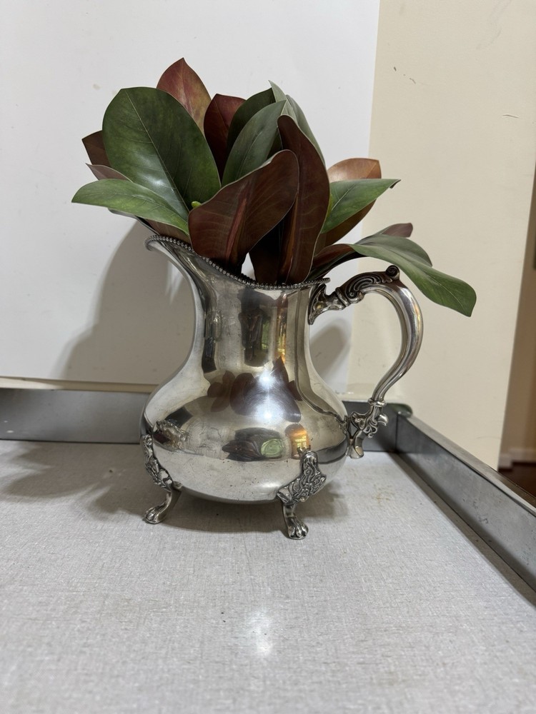 John Wanamaker Co Silver water pitcher Beaded Edge Ornate Handle & Feet Vintage