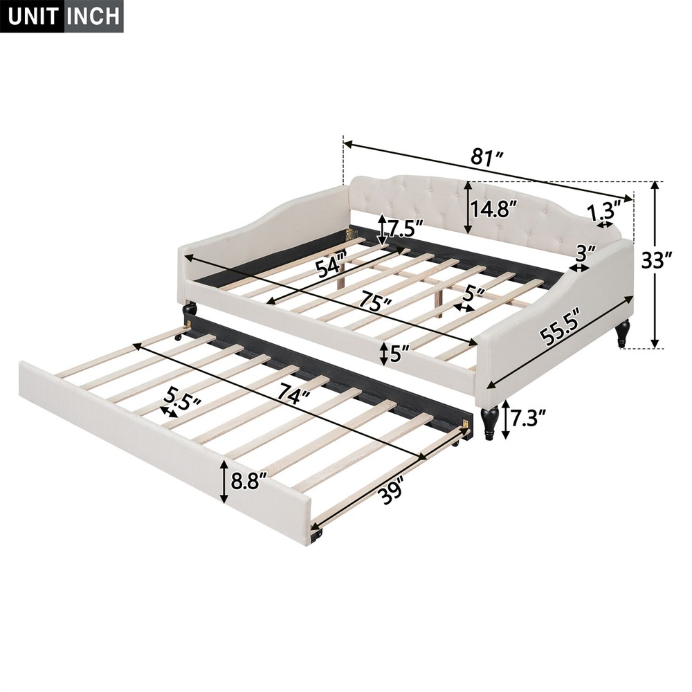 Full Size Daybed w/ Pull Out Trundle Bed Upholstered Bed Frame Sofa Bed Beige