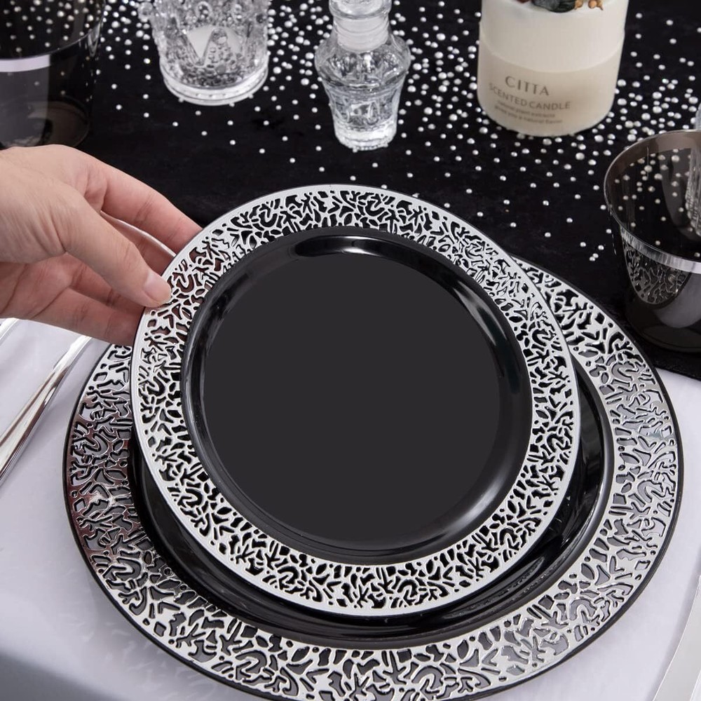 210 disposable black plastic plates with prepackaged silverware and cups