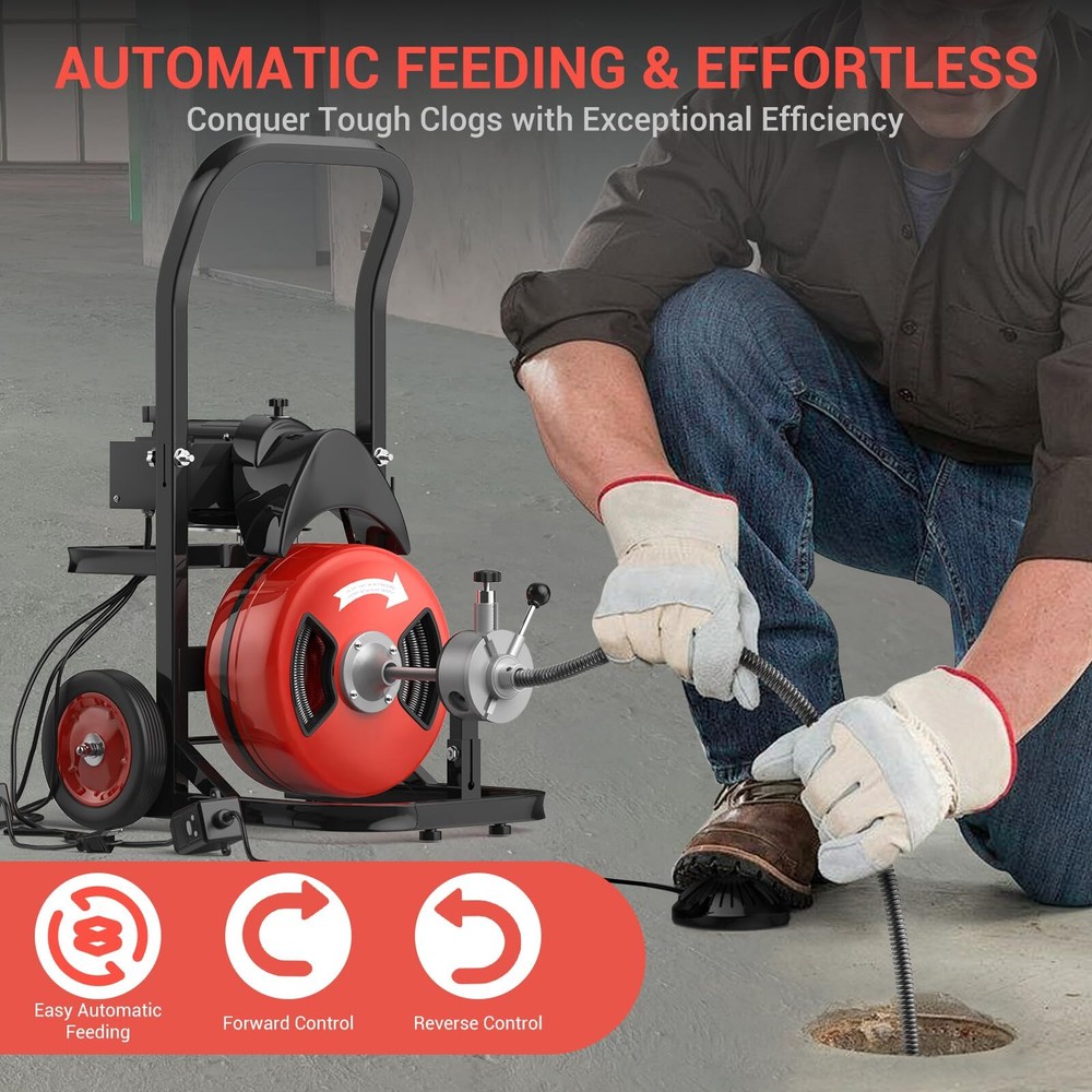 75FT x 1/2" Cable Electric Drain Cleaning Machine ,Auto Feed Sewer Snake Auger