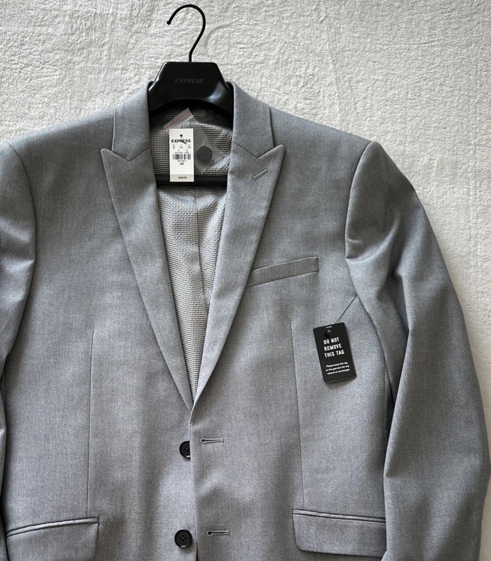 Express Men’s Suit Jacket 40R Slim Gray Brand New With Tags And Labels Business