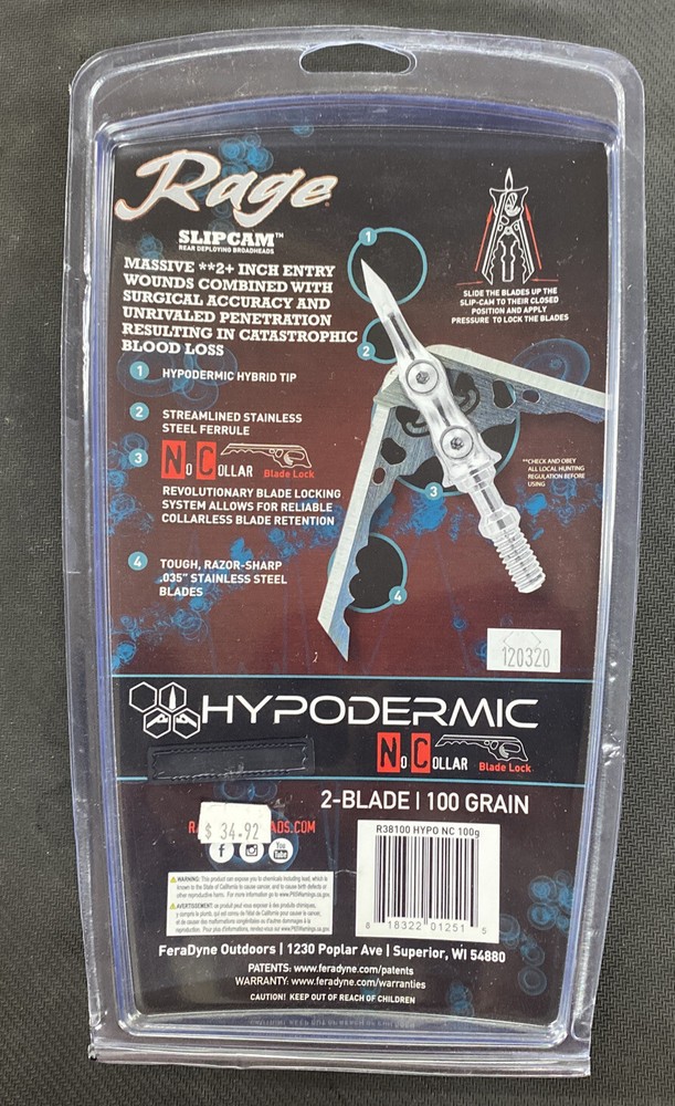 Rage Slipcam Hypodermic + P 2- Blade 100 Grain 2" + Cut