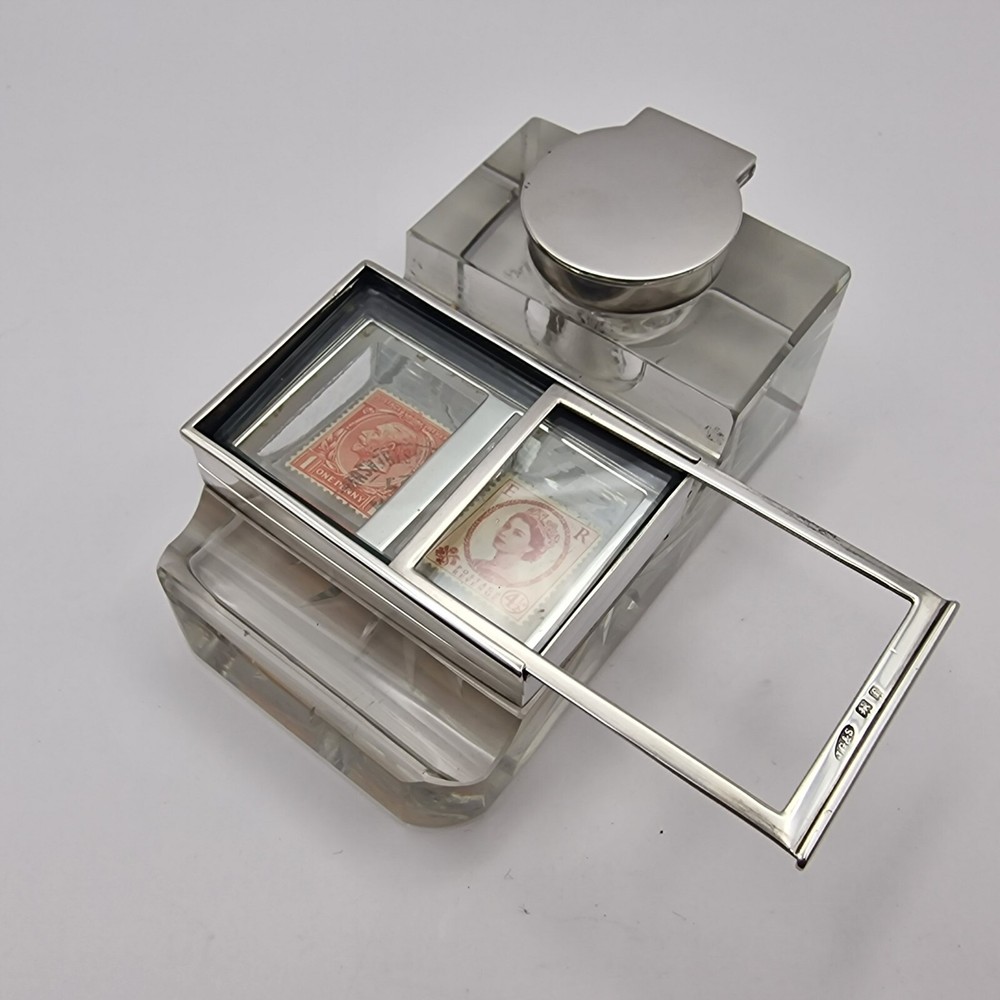 Antique Edwardian Solid Silver Mounted Glass Inkwell, Stamp Box & Pen Rest