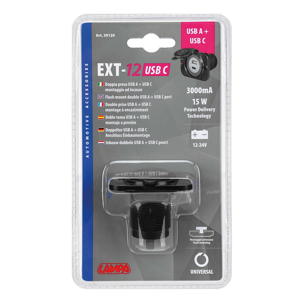 Dual Lamp Ext-12 USB A + USB C Recessed Mount 12/24V Socket