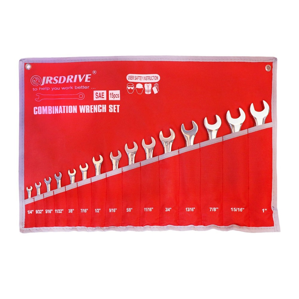 JRSDRIVE Combination wrench Set 15 Pcs  SAE Full Polished Chrome Plated | E-2004