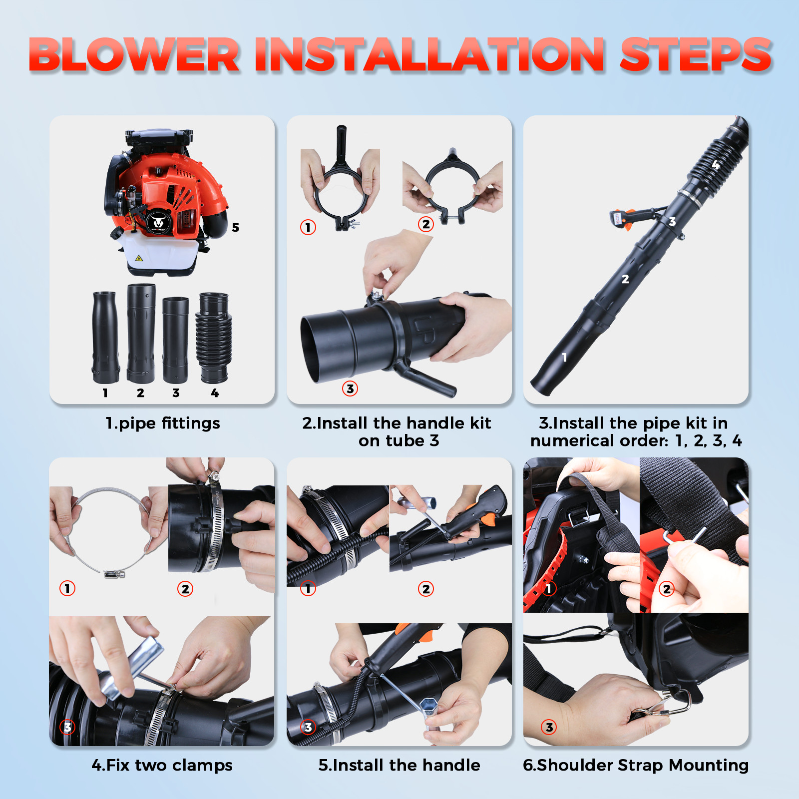 Commercial Backpack Leaf Blower Snow Blowers 75.6CC 2-Stroke Gas Powered 907CFM