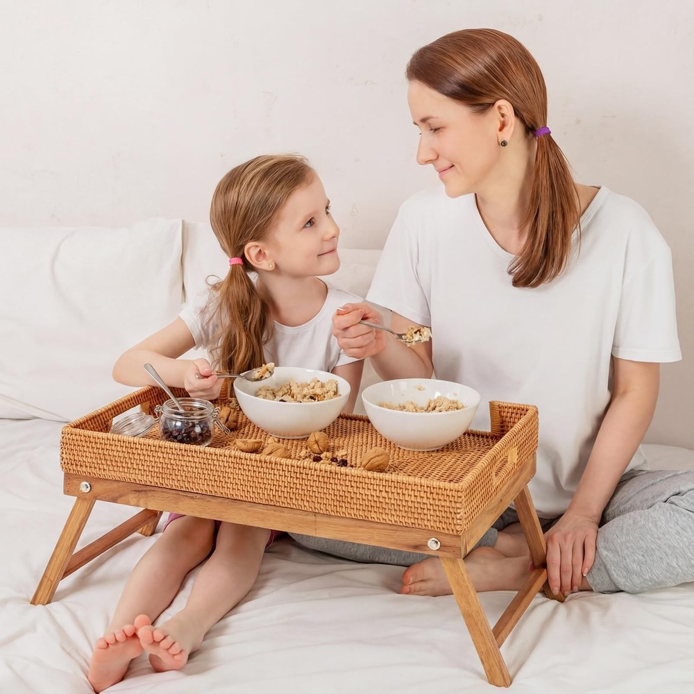 Rattan Breakfast Table Tray with Foldable Legs Rectangular Butler Snack Servi...