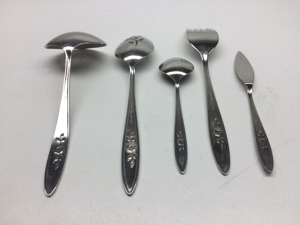 5 Piece Oneida Rose Shadow Stainless Flatware Pierced Fork Meat Fork Etc.