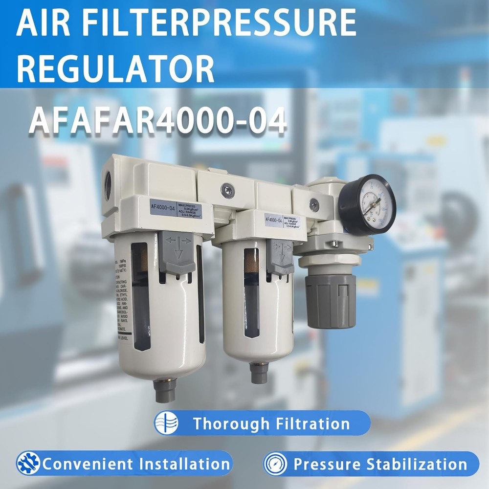 1/2"NPT Compressed Air Filter Regulator Lubricator Combo, Semi-Auto Drain