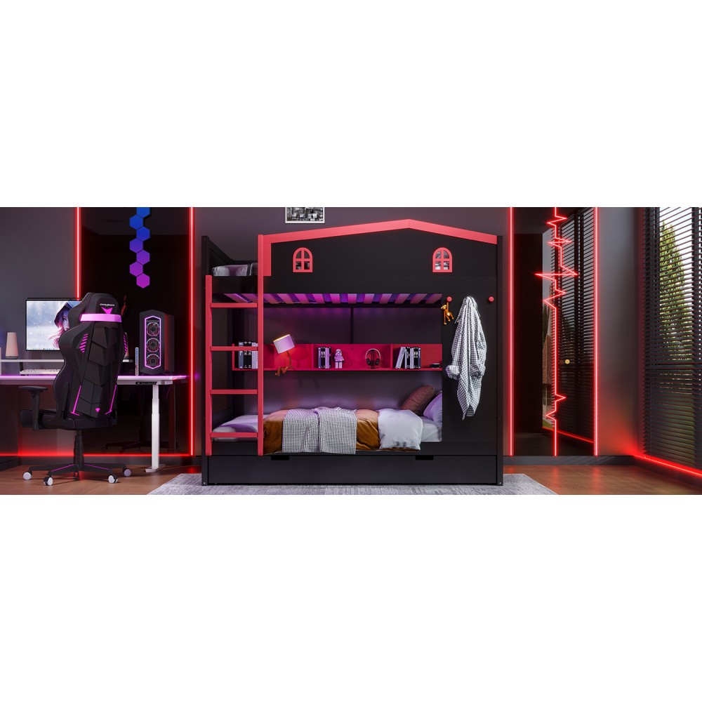 Queen Over Queen Bunk Bed w/ Trundle & Storage, Solid Wood Frame, Black/Red