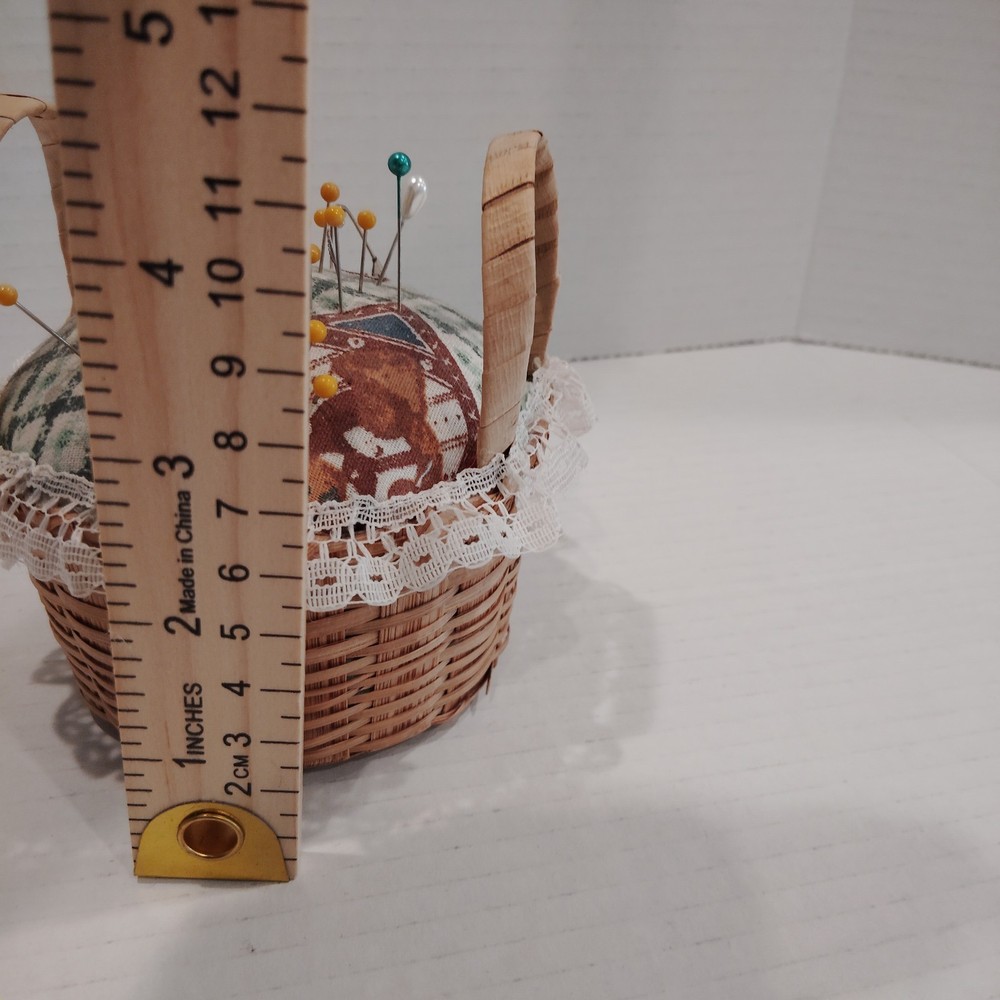Vintage Handmade fabric pin cushion, patchwork pattern and lace trim