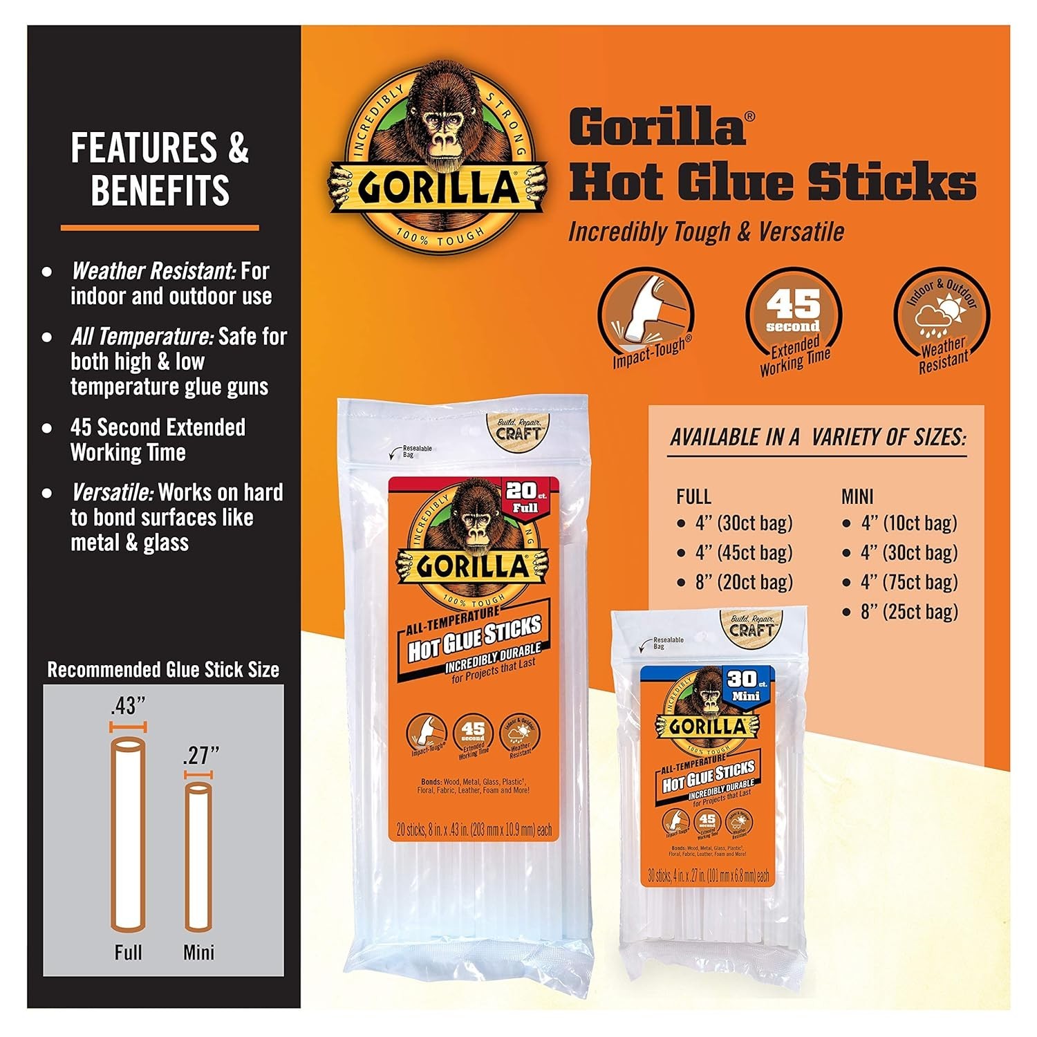 Gorilla Hot Glue Sticks, Clear Glue, Full Size 8" Long x 0.43" Diameter,20 Count