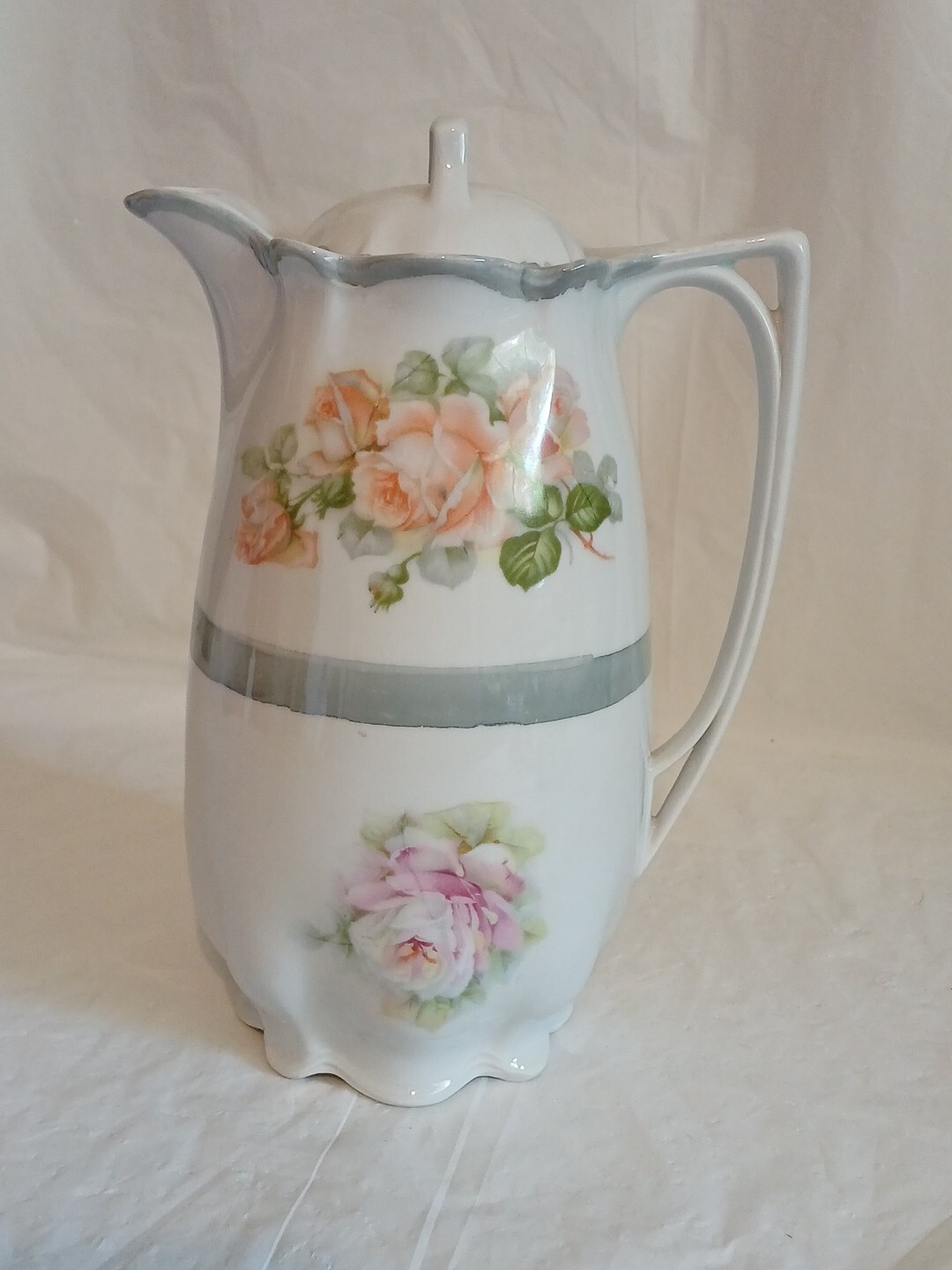 Vintage Porcelain Hand Painted Hot Chocolate Pot Germany Pink Roses 9"