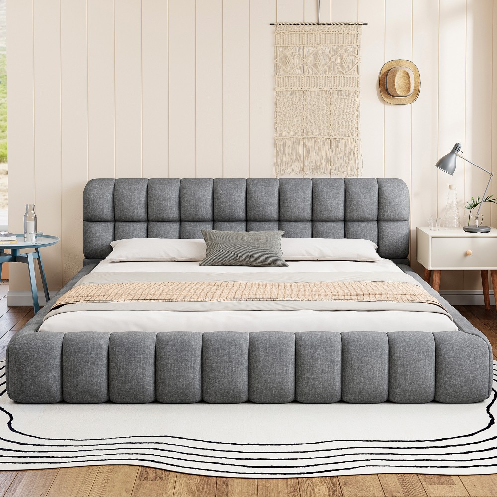 King Upholstered Platform Bed w/ Solid Wood Frame, Gray Linen, 2000lbs Support