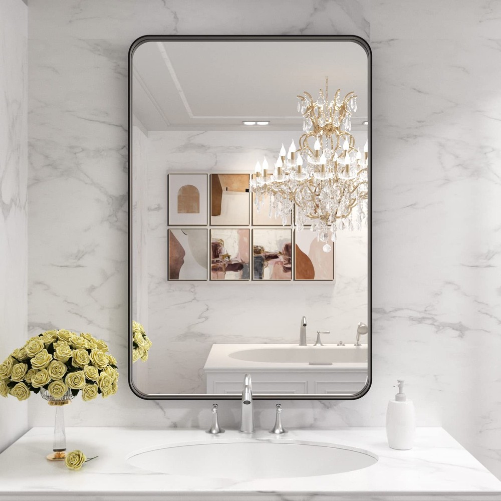 24x36" Black Metal Frame Bathroom Mirror - Rounded Rectangle, Anti-Rust Design