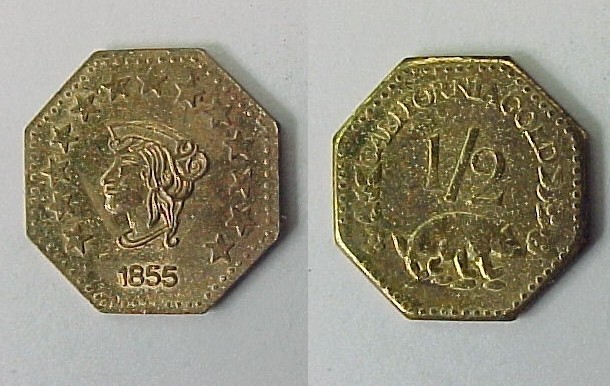 1855 Liberty Head Octagon Cal California Gold  Token Half Dollar Size AU