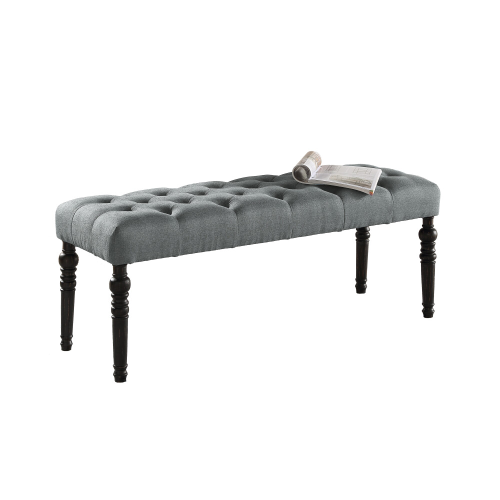 Solid Wood Frame Fabric Button Tufted Seat Dining Bench with Turned Legs