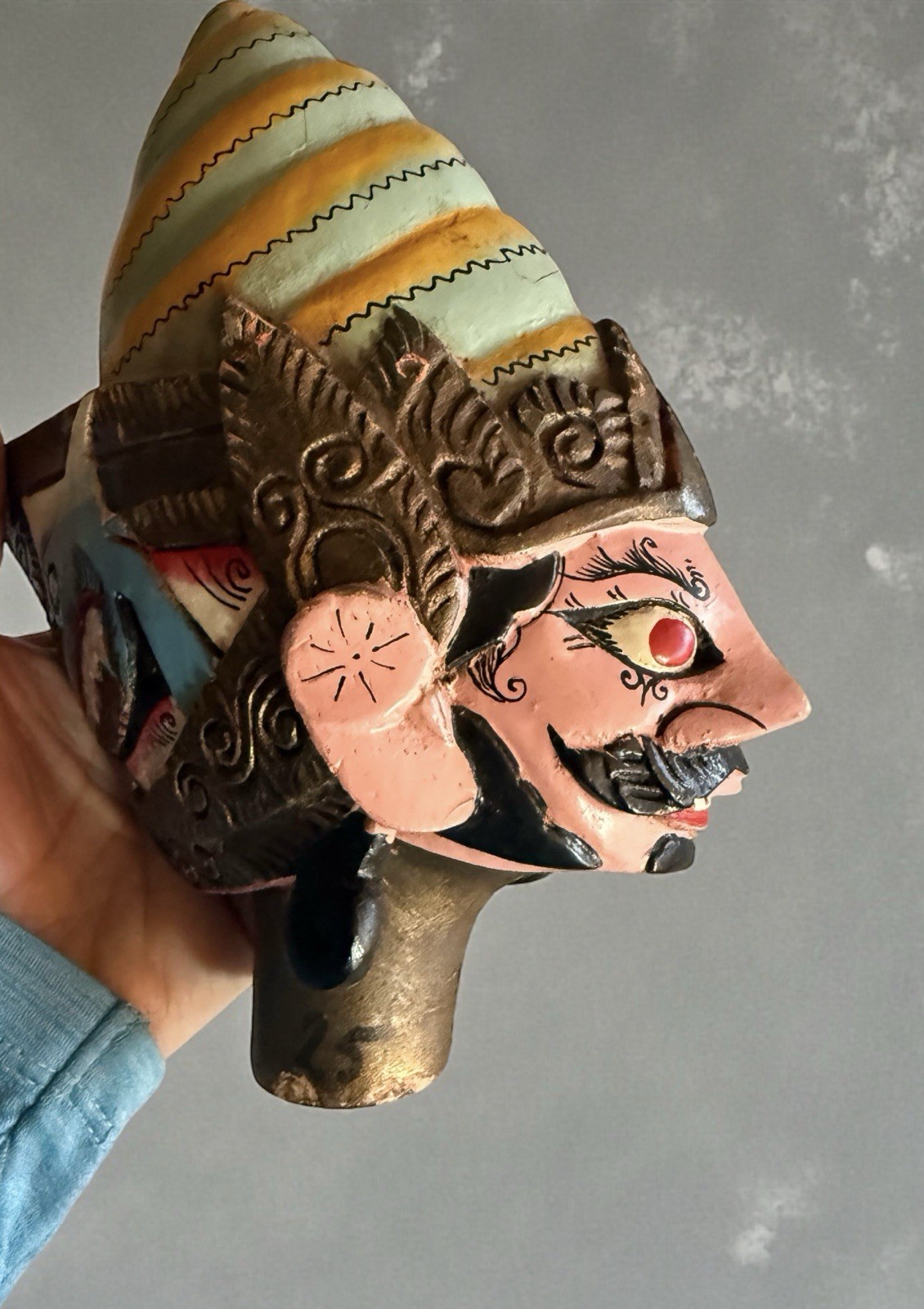 Old wayang golek handcarved wood rod puppet Indonesia 28”