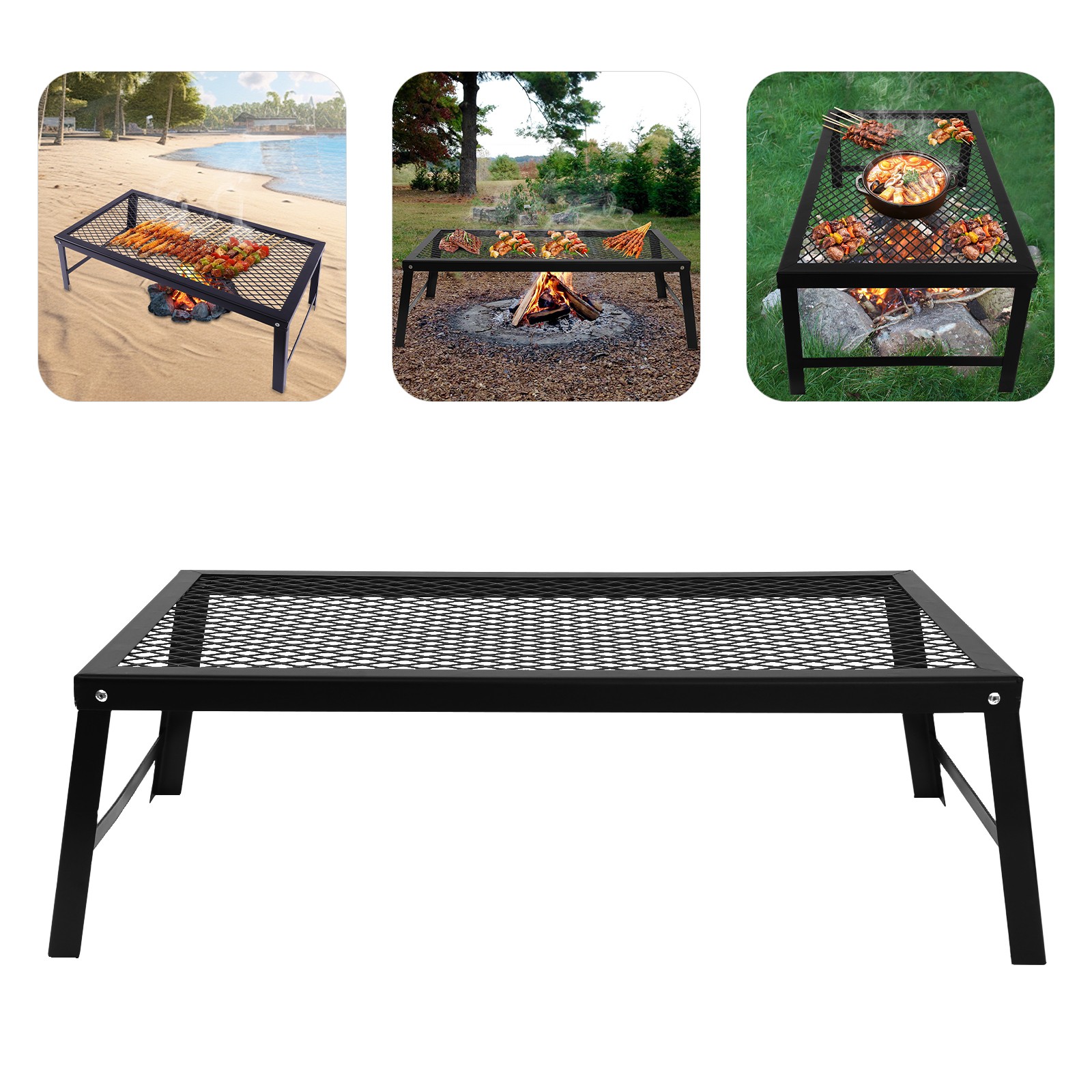 Foldable Camping Grill Fire Pit Grate Campfire Cooking Portable Stand Equipment