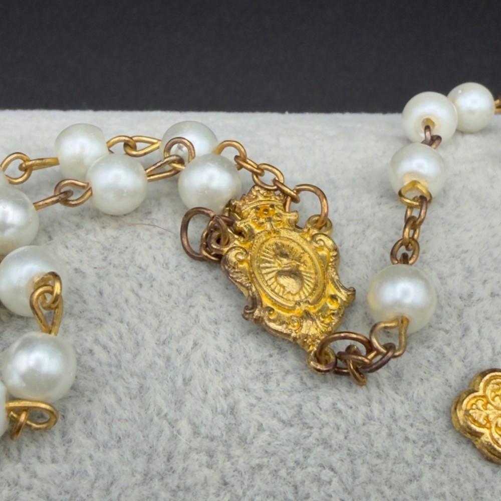 Vintage Catholic Rosary With Gold-Tone Cross & White Beads READ