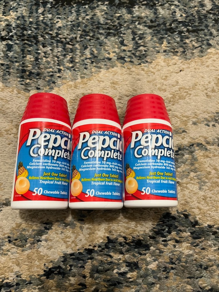 pepcid complete 50 chewable tablets tropical fruit flavor 3 pack, Exp 2027