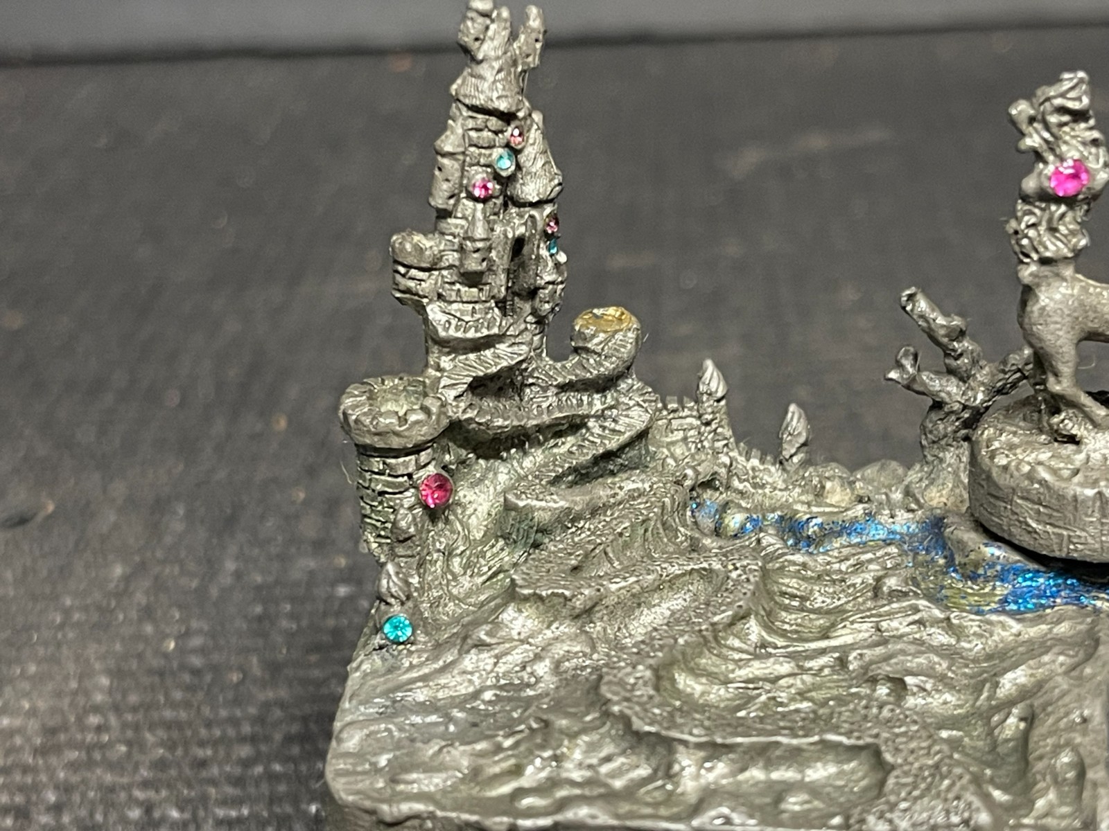 Vintage 1993 CCI Pewter Fantasy Castle & Unicorn Music Box Comstock Creations