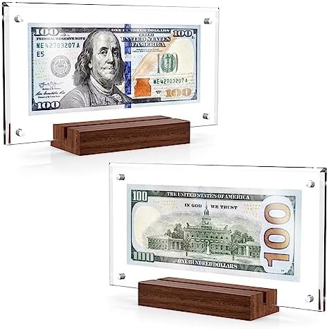 Dollar Bill Frame Acrylic Currency Display Black Walnut Base 2 Pack