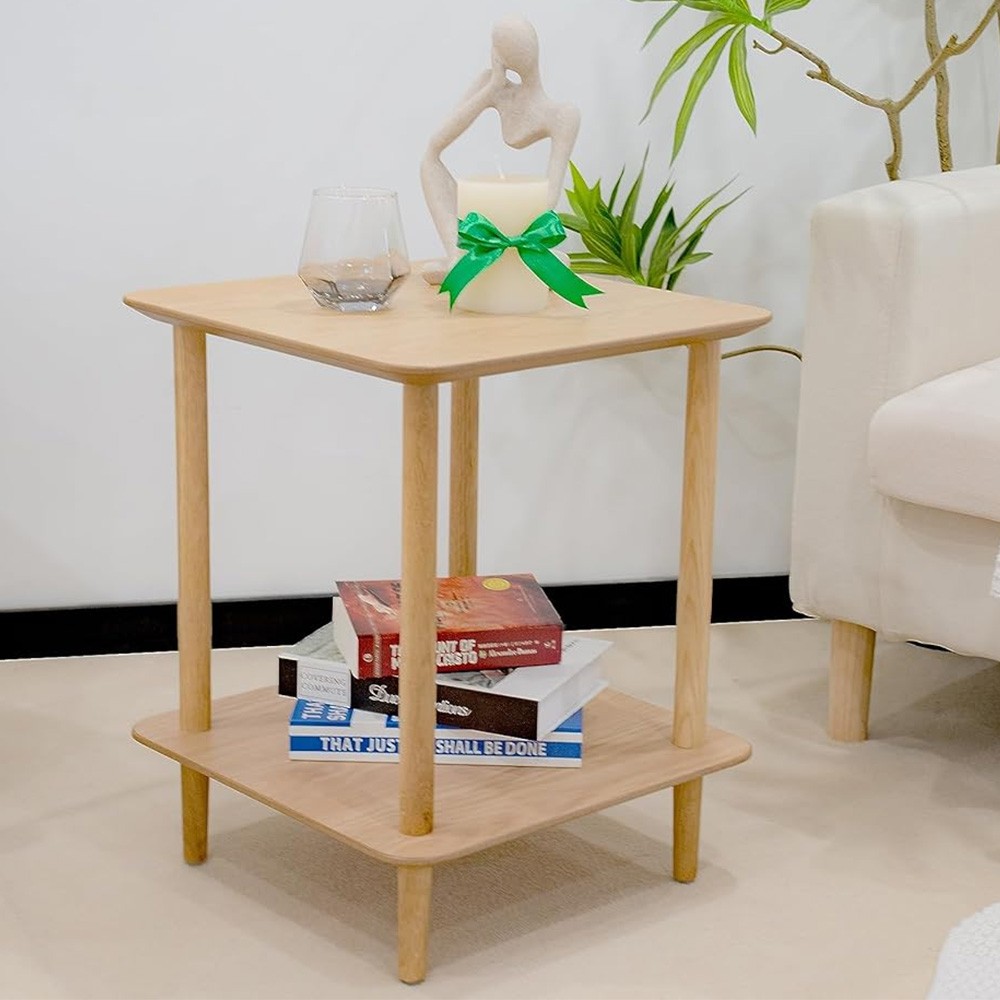 Solid Wood Side Table 2-Tier Small End Table w/ Storage Shelf Narrow Nightstand