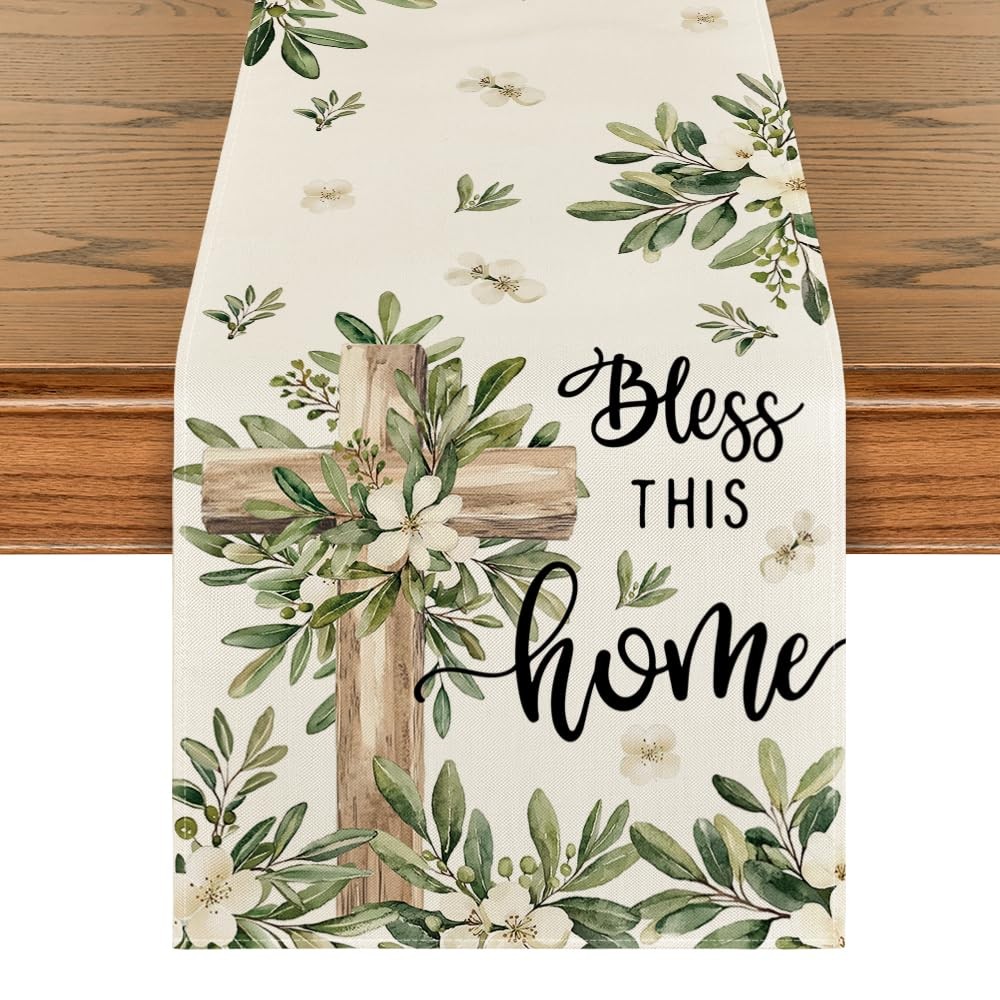 Cross Olive Leaves Spring Table Runner,Seasonal Summer Easter Kitchen Dining Tab