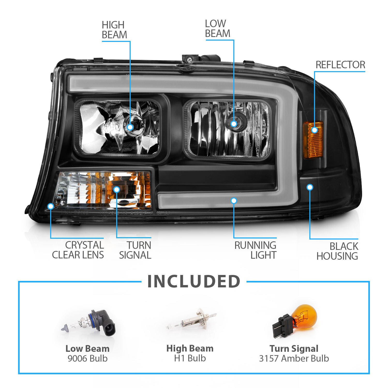1998-2004 For Dodge Durango/Dakota Black Super Bright LED C Bar Headlights
