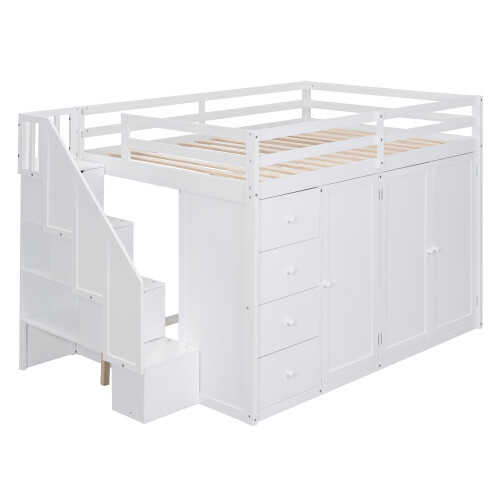 Solid Wood Loft Bed w/ Desk Wardrobe Storage Cabinet Stairs Full Size Bed Frames