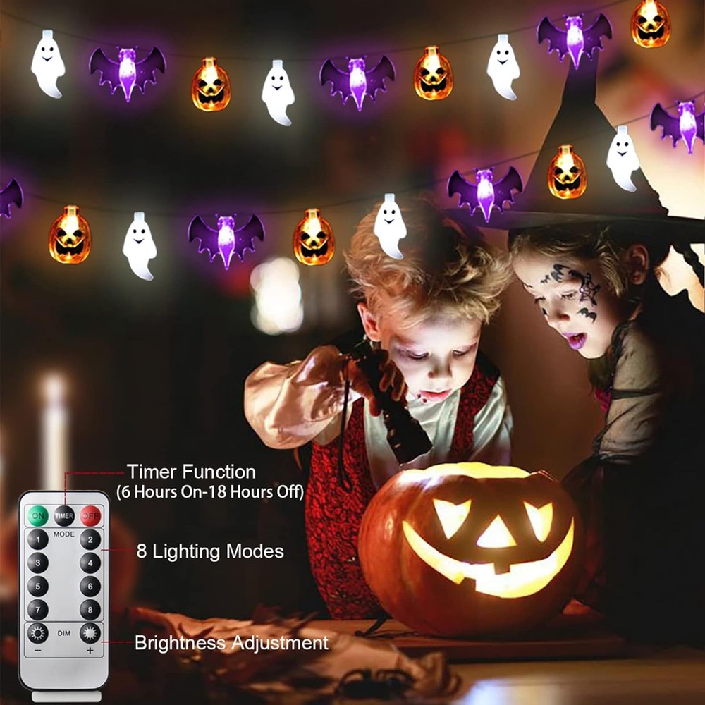Halloween 16FT 30 LED Pumpkin Bat Ghost String Lights, 8 Modes, Timer