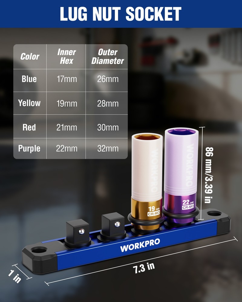 WORKPRO 4 Pcs 1/2" Drive Lug Nut Impact Duty Socket Set 17-19-21-22mm Deep Thin