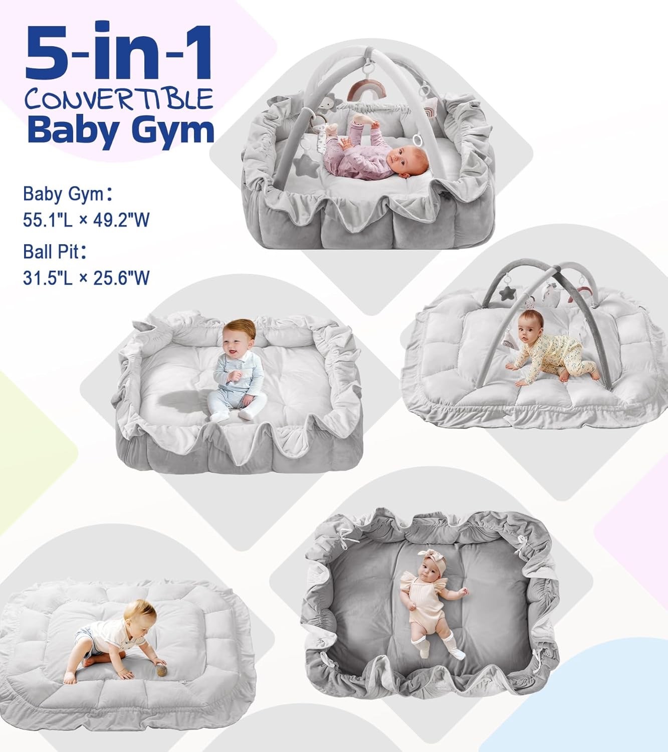 Little Dove 5-in-1 Plush Baby Play Gym, Tummy Time Mat -Convertible Baby Gym