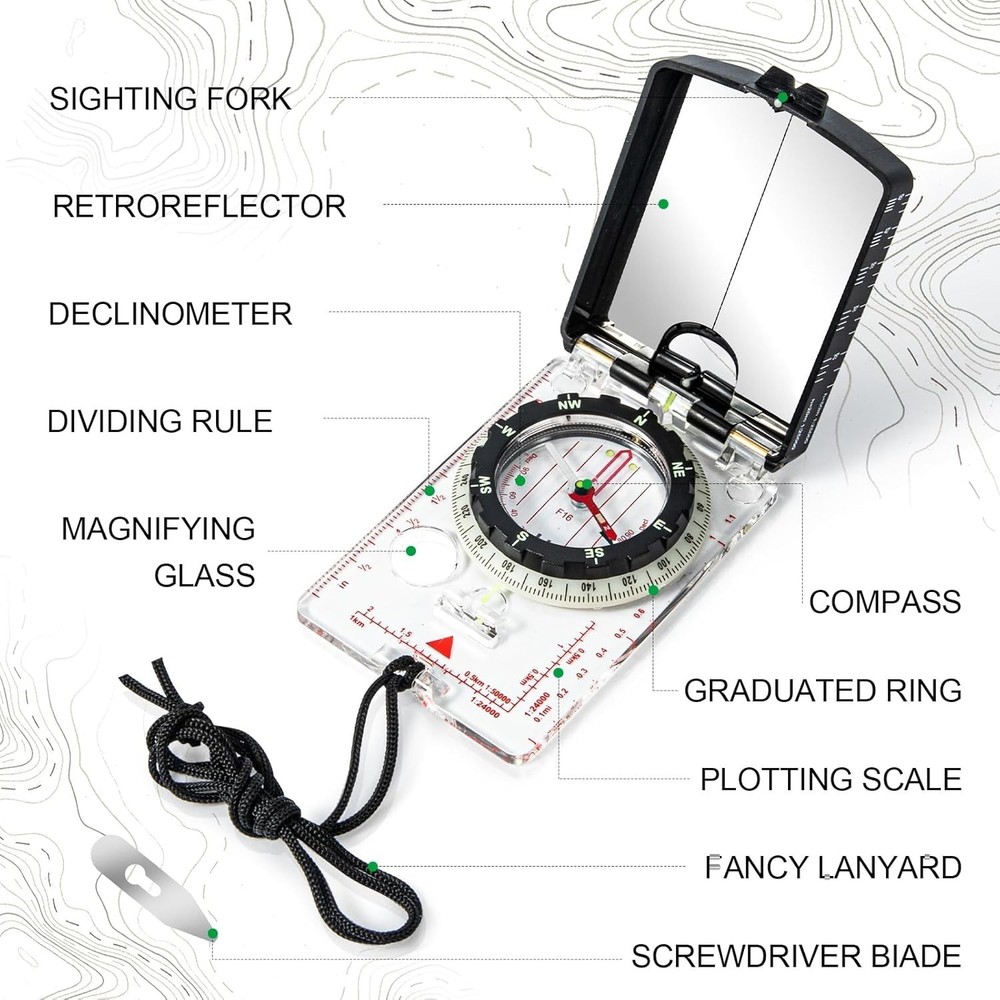 Hiking Mirrored Sighting Compass - With Adjustable Declination & Map LED