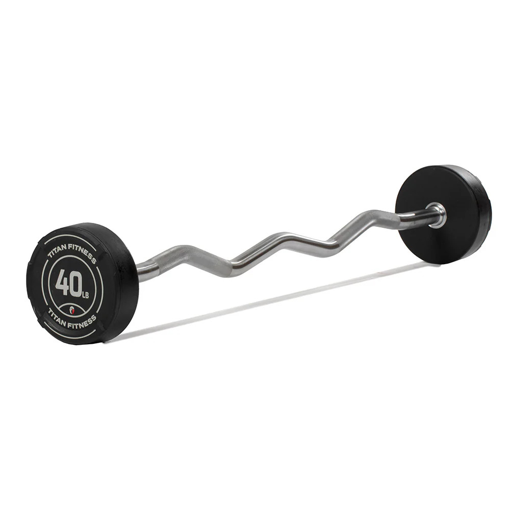 Titan Fitness 40 LB Rubber EZ Curl Fixed Barbell, Pre-Loaded Weight Bar