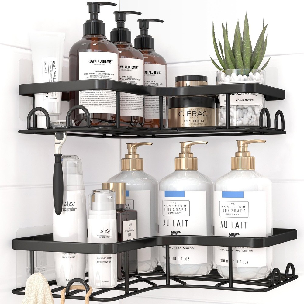 Sakugi Corner Shower Caddy 2 Pack Adhesive Black Rustproof No Drill