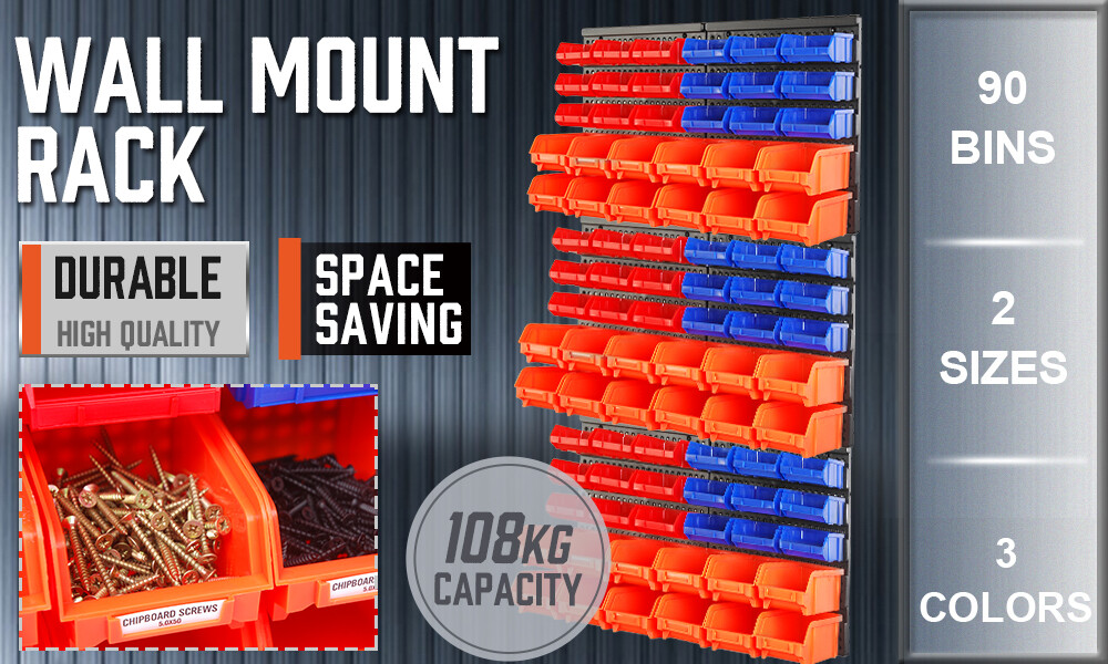 90 Bins Tool Organiser Wall Mounted Holder Garage Storage For Parts Nuts Bolts