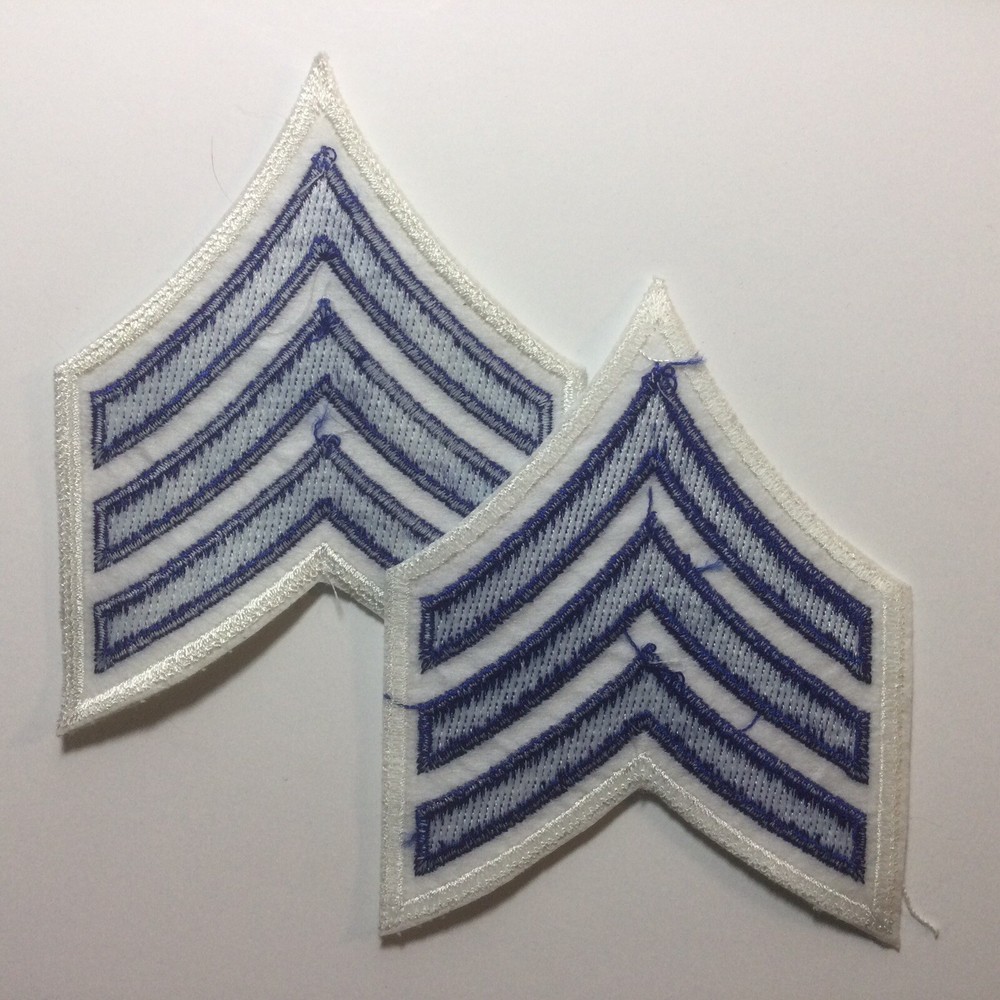 (2) Sergeant Chevron - 3 ROYAL BLUE stripes on White Patch (White Border)