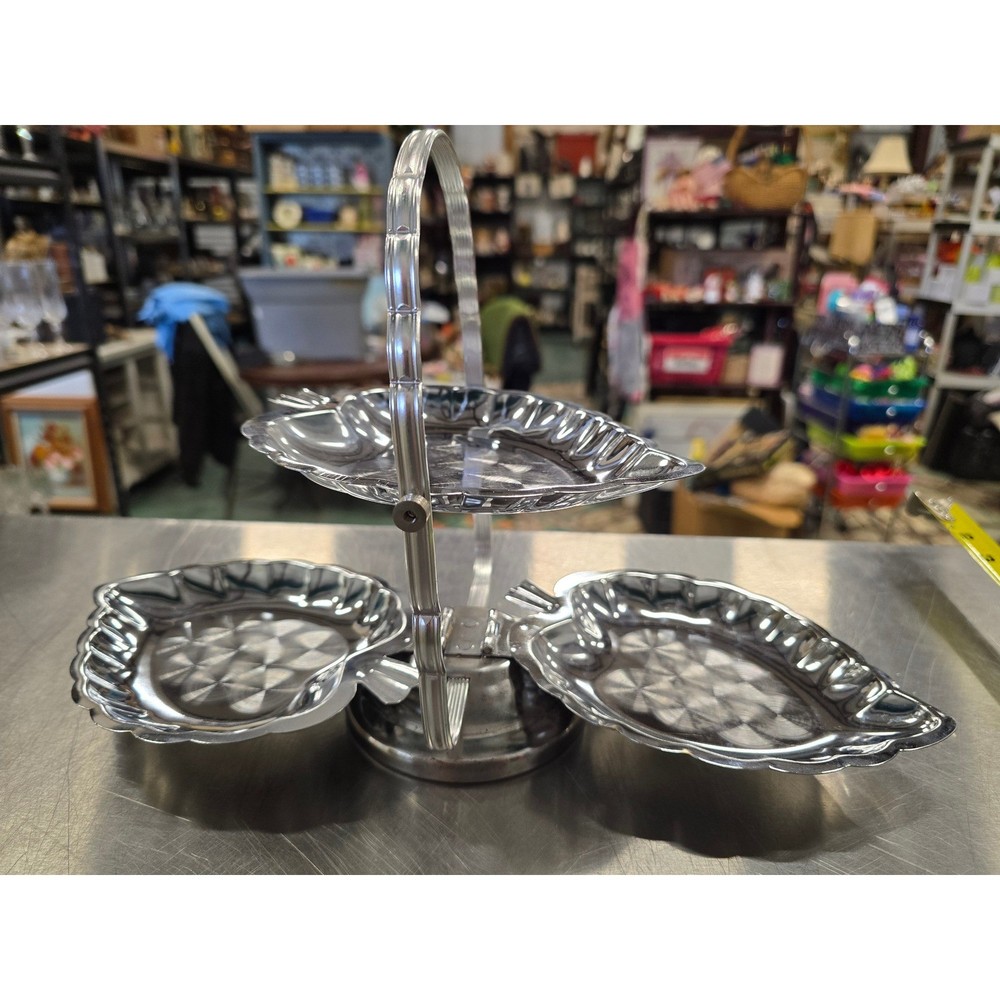 Tiered Serving Tray Chrome Color Leaf Shaped Candy Nut Dish Buffet Server