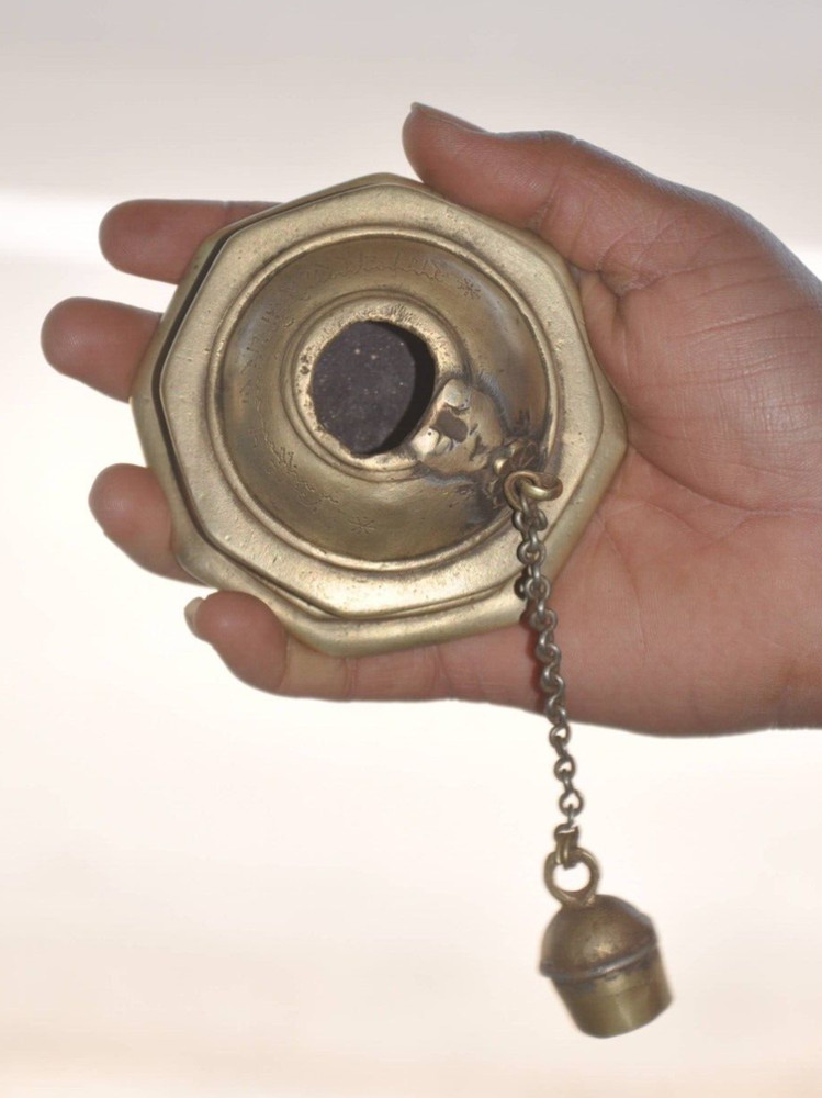 Vintage Unique Solid Handcrafted Fine Brass Octagonal Shape Inkpot
