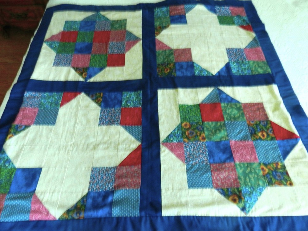NOS Vtg Navy Blue Patchwork Quilt, Wall Hanging, Lap Blanket