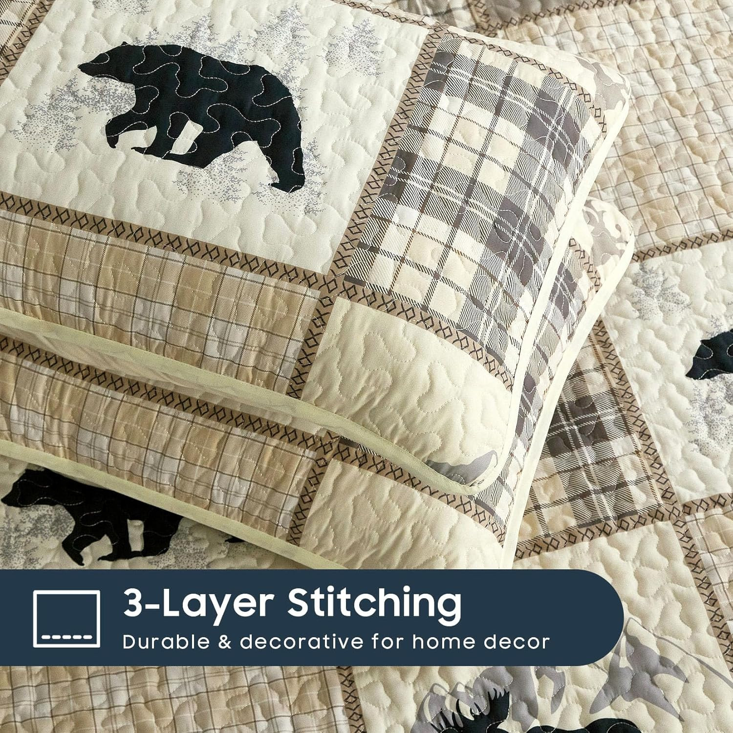 - Rustic Quilt Set, Cabin Lodge Christmas Bear Moose Queen / Full Tan Cream