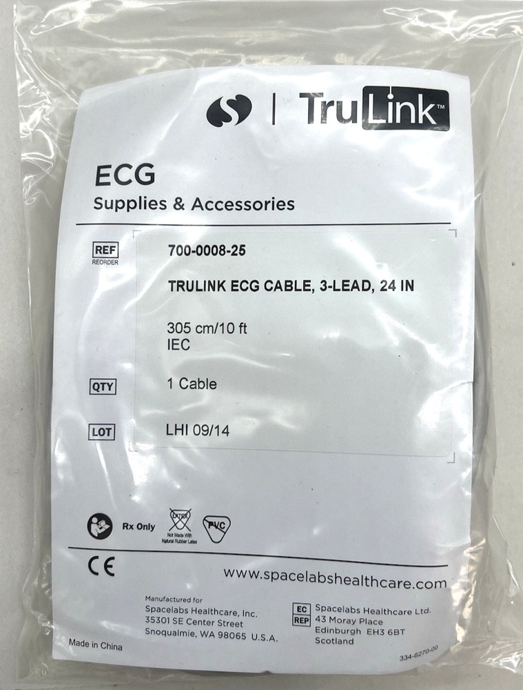 TRULINK ECG Cable, 3-LEAD, 24IN 10ft