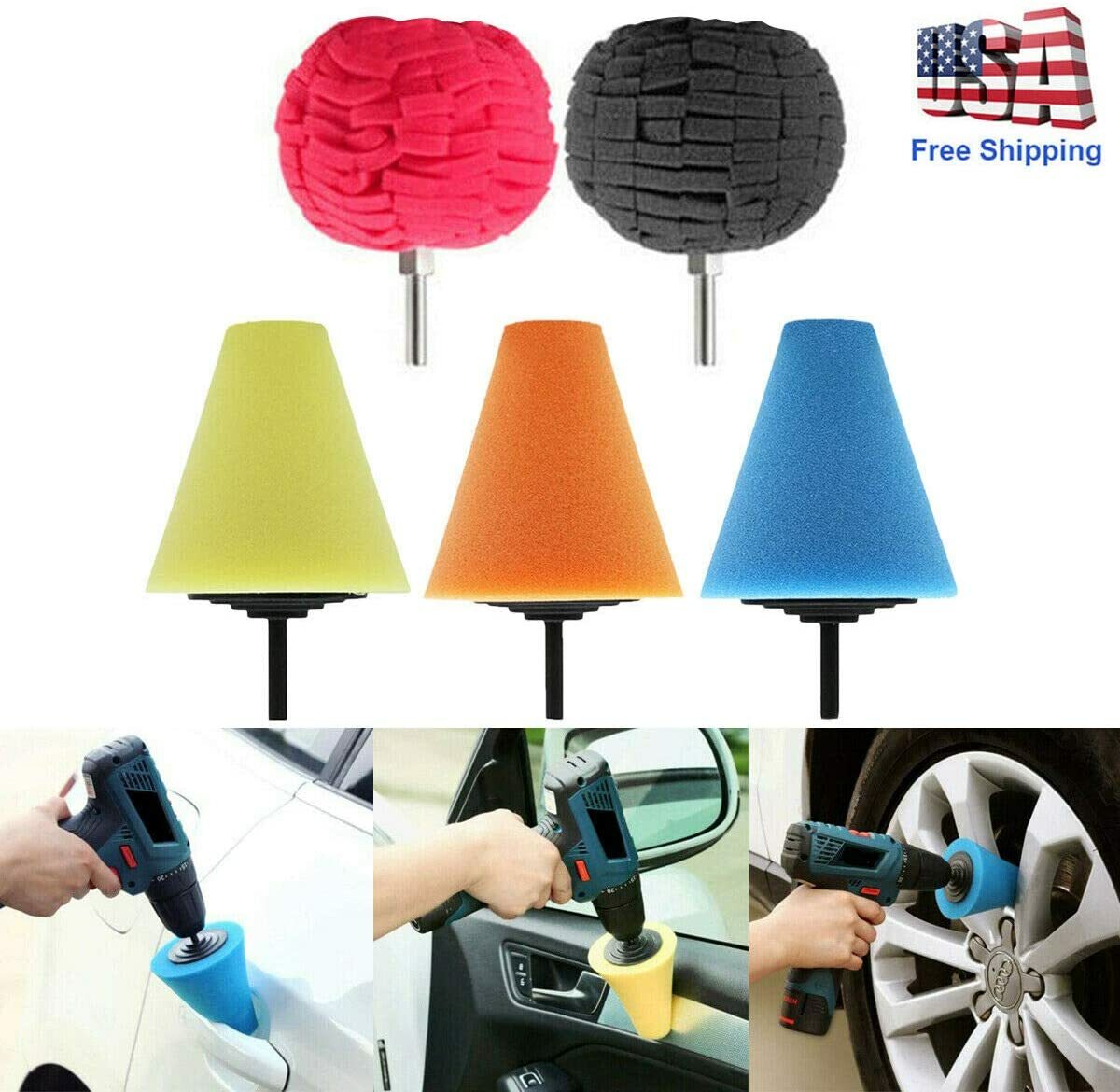 Foam Drill Polishing Cone Ball Pads Kit Car Hub Waxing Buffing Wheel Polisher 4"